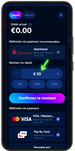 entrez le montant du dépôt sur Boomerang Bet France